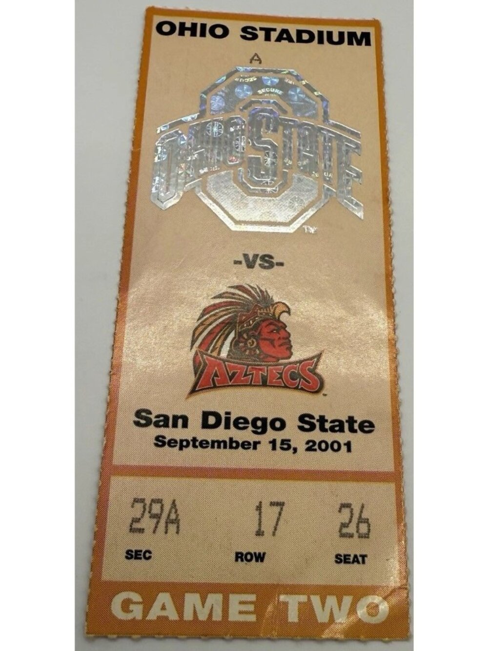 Ohio State vs San Diego State Football Ticket Stub Sept 15, 2001
